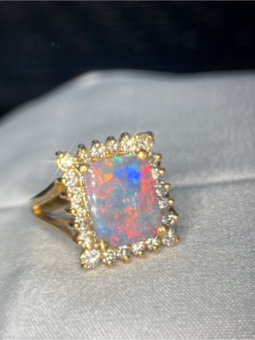 Lightning Ridge Black Opal and 14k Gold Opal Halo Ring - Iridescent - Picture 8 of 15